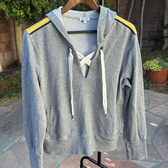 Splendid Sweatshirt Hoodie Striped Trim Lace Up Front Size L - Picture 2 of 8